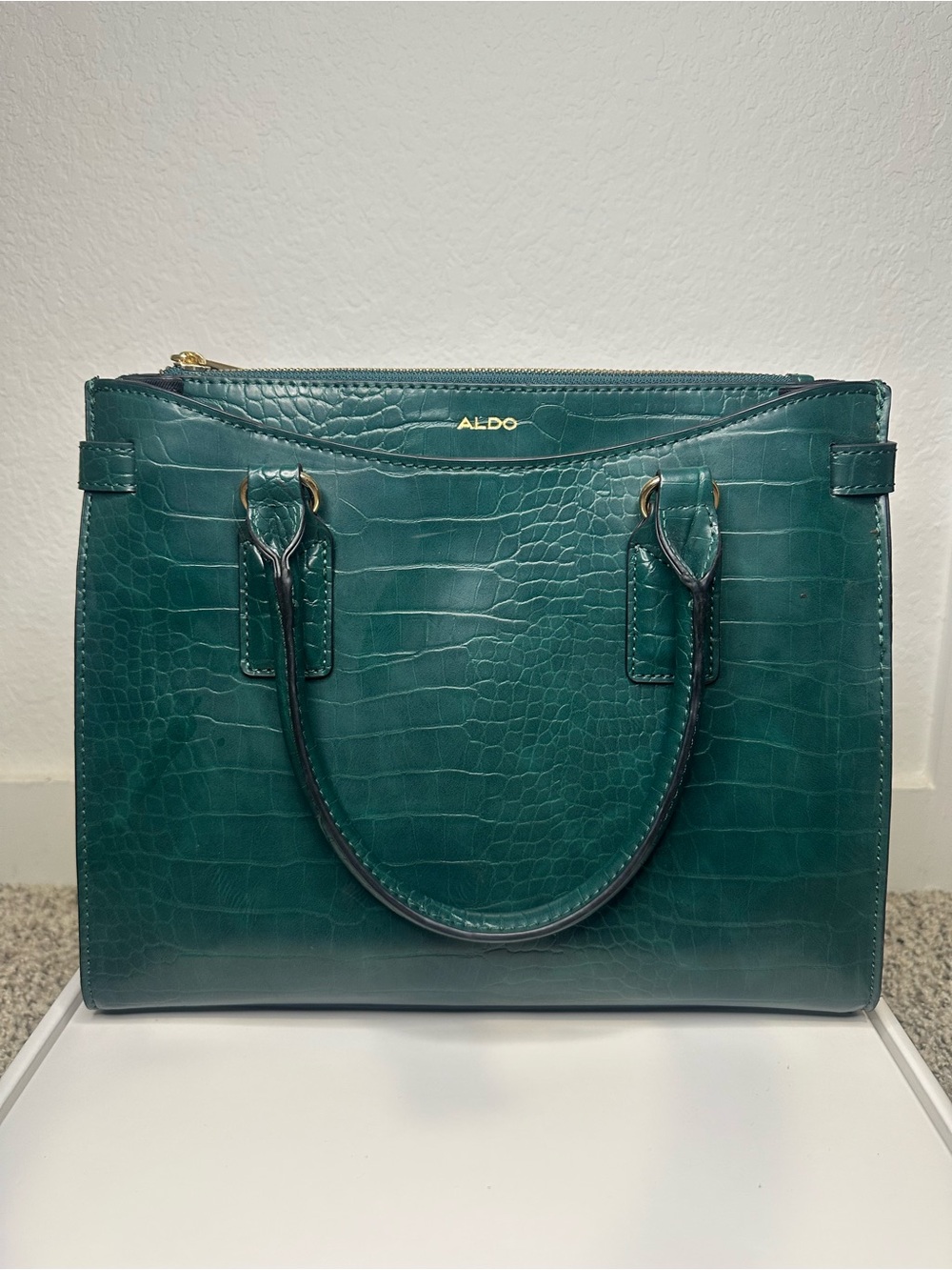 ALDO Teal Croc-Embossed Satchel with Gold Hardware